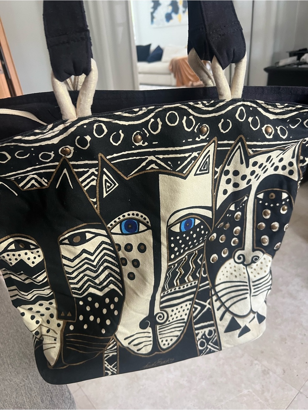 LAUREL BURCH CAT Shoulder TOTE BAG Black & White Cats Geometric rare vintage - Picture 2 of 11